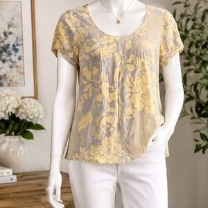 Mac & Jac Womens Blouse Yellow Gray Floral 100% Silk Tie Back 8